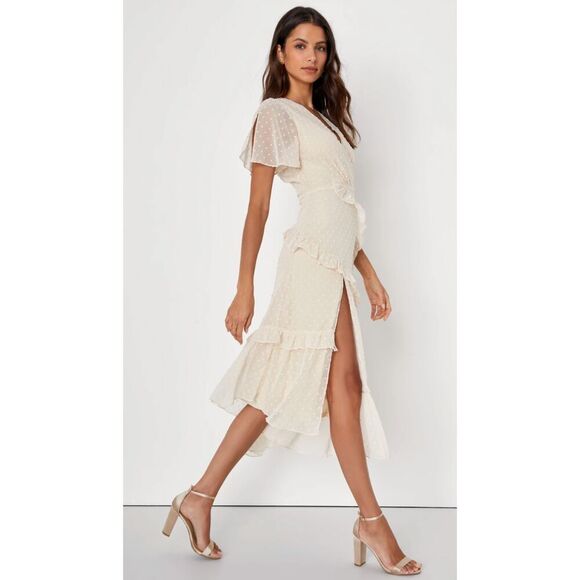 Lulu's Next to You Cream Swiss Dot Ruffled Midi Dress Women's Size Small - Picture 2 of 12